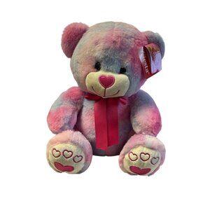 13" Sitting Tie Dye Pink Bear -Pink Ribbon and Heart Nose/Paws